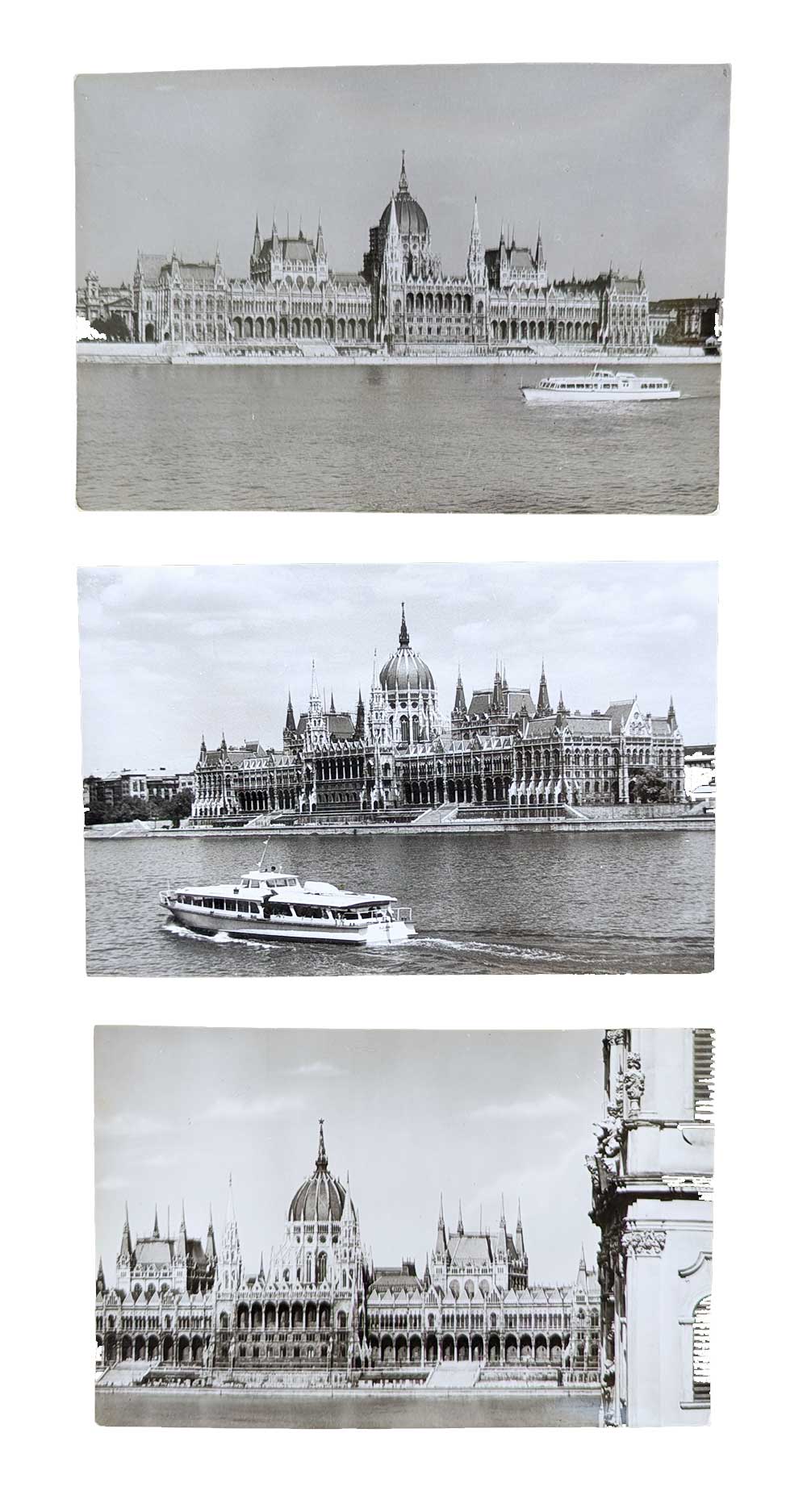 3 alte Schwarz-Weiß-Ansichtskarten aus Budapest mit dem ungarischen Parlament an der Donau und Fahrgastschiffen