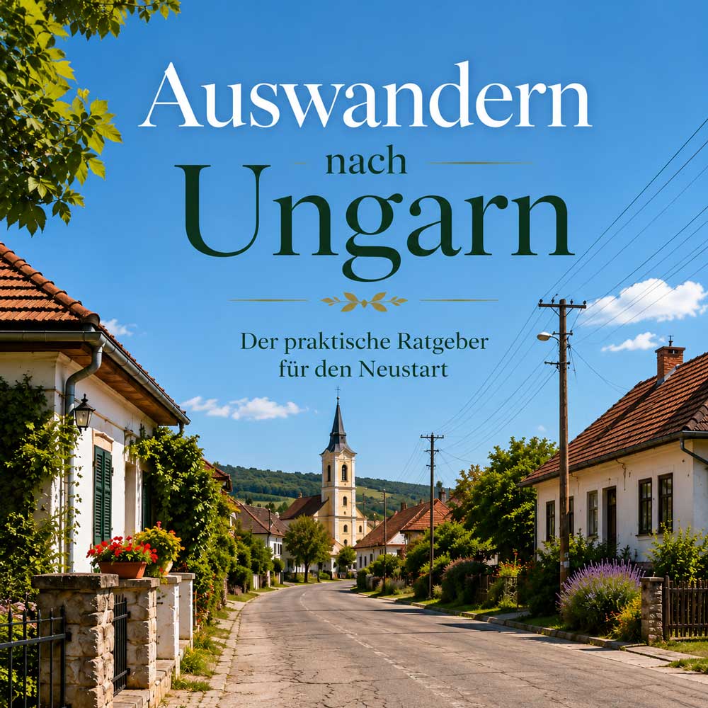 Auswandern nach Ungarn Ratgeber Ebook Cover mit heller ungarischer Dorfstraße, Stromkabeln, Sommerhimmel und hoffnungsvoller Stimmung für den Neustart in Ungarn.