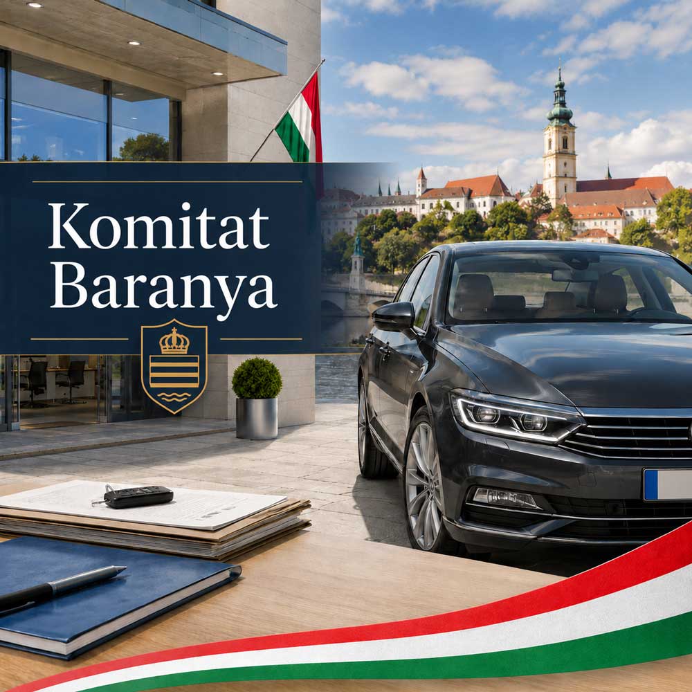 Schwarzes Auto vor einem modernen Gebäude mit ungarischer Flagge, Schreibtisch mit Autoschlüssel und Unterlagen, dazu ein Schild mit der Aufschrift „Komitat Baranya“ und Blick auf eine historische Stadt im Hintergrund.