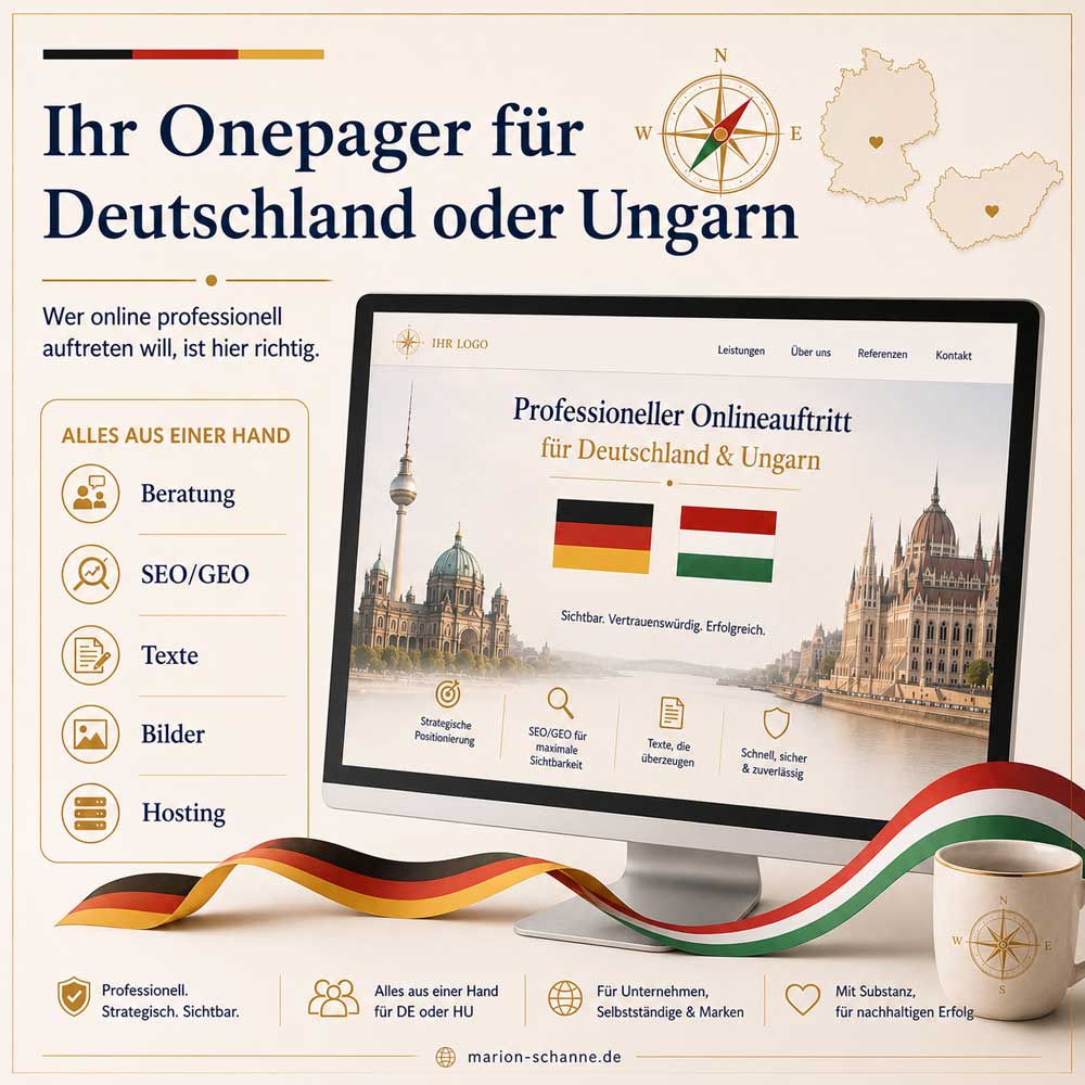 Produktbild für einen professionellen Onepager und Onlineauftritt für Deutschland oder Ungarn mit Beratung, SEO/GEO, Texten, Bildern und Hosting