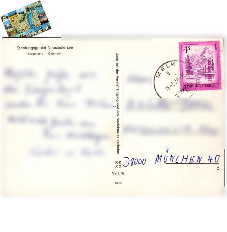 Rückseite einer gelaufenen alten Ansichtskarte vom Neusiedlersee im Burgenland mit handschriftlicher Nachricht, Briefmarke und Poststempel.