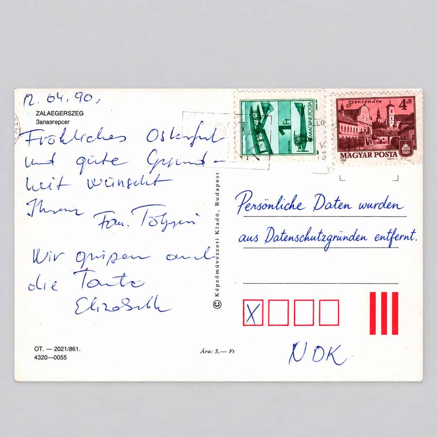 Alte Ansichtskarte von Zalaegerszeg, historische AK mit beschriebener Rückseite, Briefmarken und Poststempel.