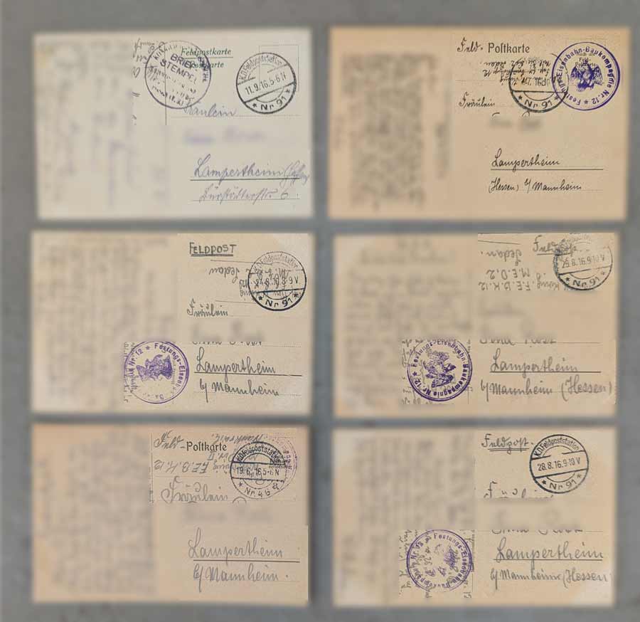 6 Feldpostkarten Montmédy 1916 mit Verdun-Bezug. Gelaufen, Ak mit Text und Stempel