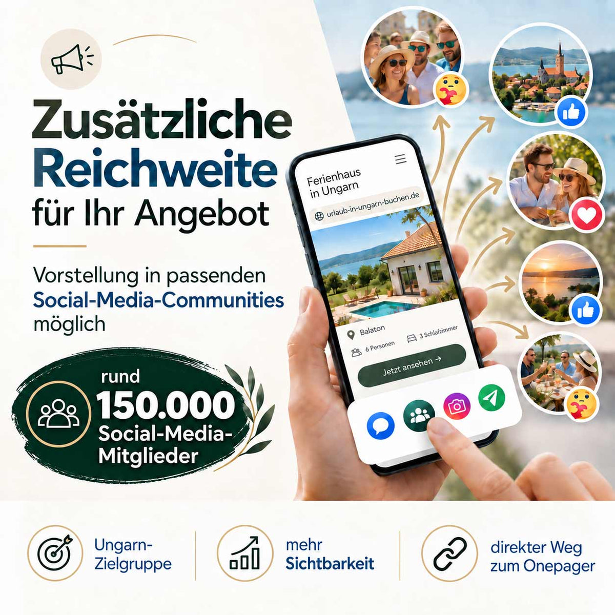 Ferienhaus Ungarn inserieren, Ferienwohnung Ungarn vermarkten, zusätzliche Reichweite für Ihr Angebot mit Onepager, Social Media und rund 150.000 Mitgliedern