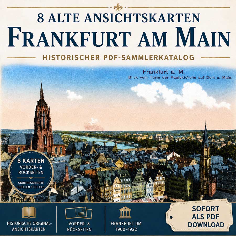 Sammlerkatalog „8 alte Ansichtskarten von Frankfurt am Main“ mit historischer Frankfurt-Ansichtskarte, großem Titel und Hinweis auf Vorder- und Rückseiten, Stadtgeschichte und Sofort-Download.