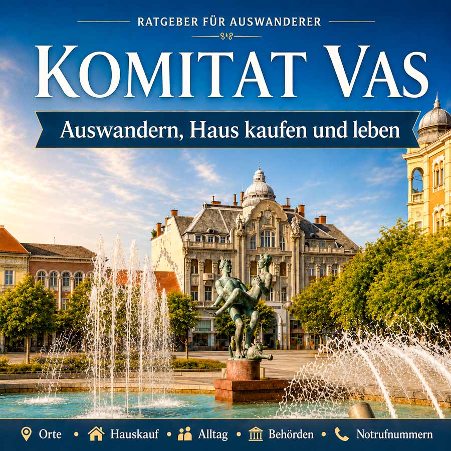 Ratgeber Komitat Vas – Auswandern, Haus kaufen und leben mit Brunnen, Stadtplatz und historischer Architektur in Szombathely.