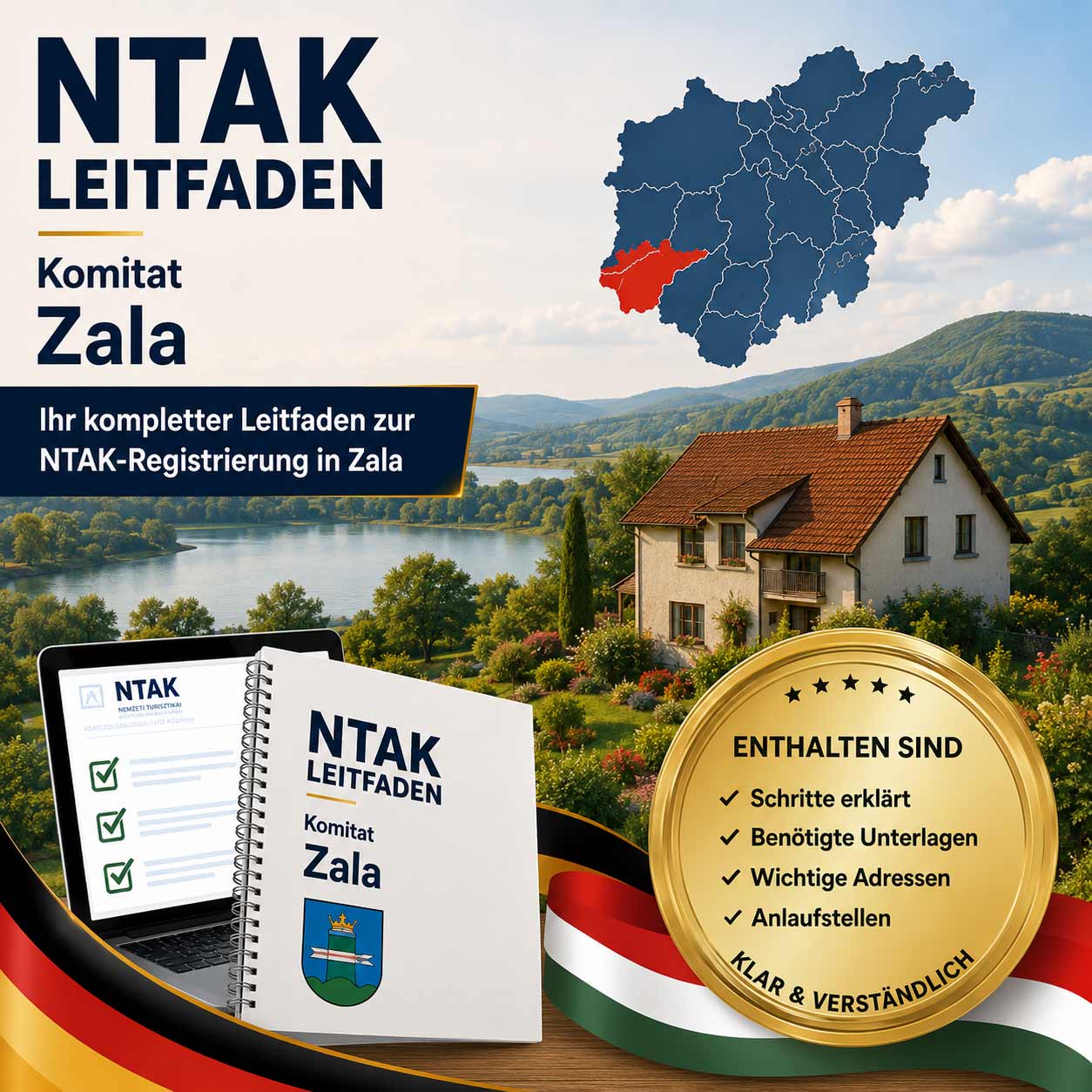 NTAK Leitfaden Komitat Zala für Vermieter in Ungarn mit Komitatskarte, Haus am See, Leitfaden, Laptop und Siegel mit enthaltenen Schritten, Unterlagen, Adressen und Anlaufstellen