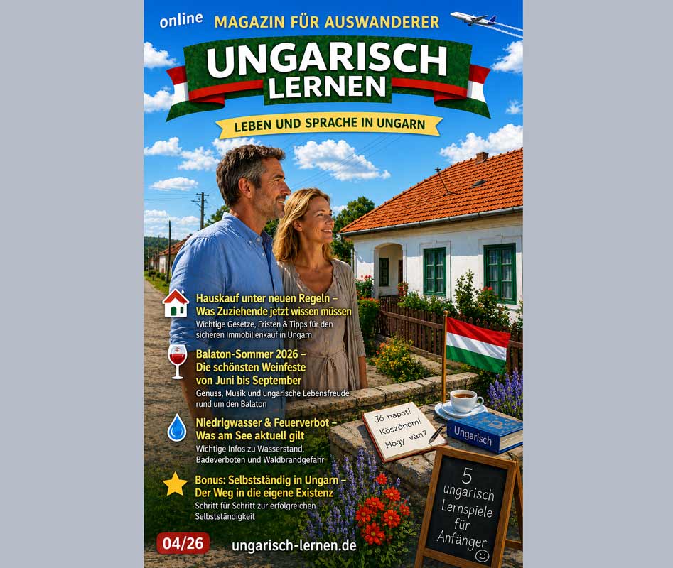 Ungarn Magazin-Cover Ungarisch lernen Ausgabe 04/26 – Online-Magazin für deutschsprachige Auswanderer in Ungarn mit den Themen Hauskauf, Balaton-Weinfeste, Niedrigwasser, Feuerverbot und Selbstständigkeit