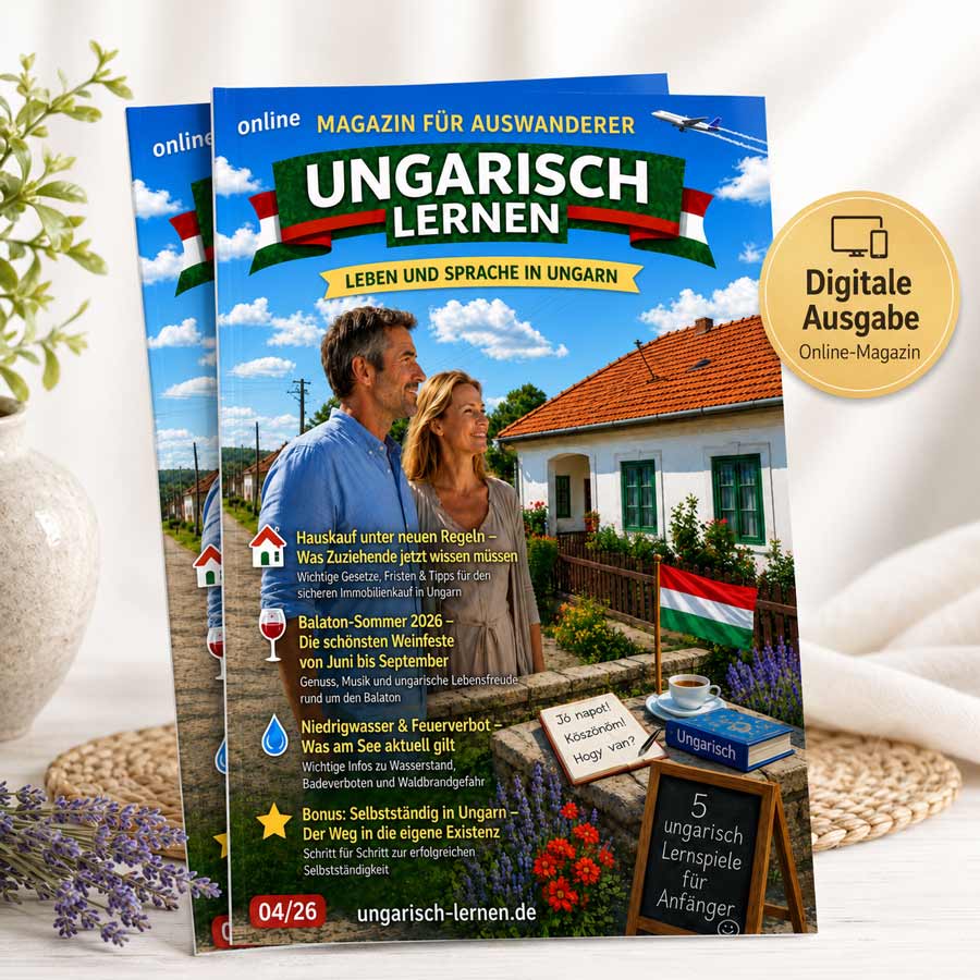 Quadratisches Titelbild des Online-Magazins „Ungarisch lernen – Leben und Sprache in Ungarn“, Ausgabe 04/26, als Papiermagazin-Mockup mit Themen zu Hauskauf, Balaton-Sommer, Niedrigwasser, Selbstständigkeit und ungarischen Lernspielen.
