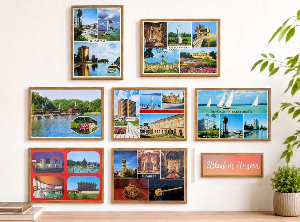 Vintage-Konvolut mit 7 originalen Ansichtskarten aus Ungarn - gerahmt an einer Wand.