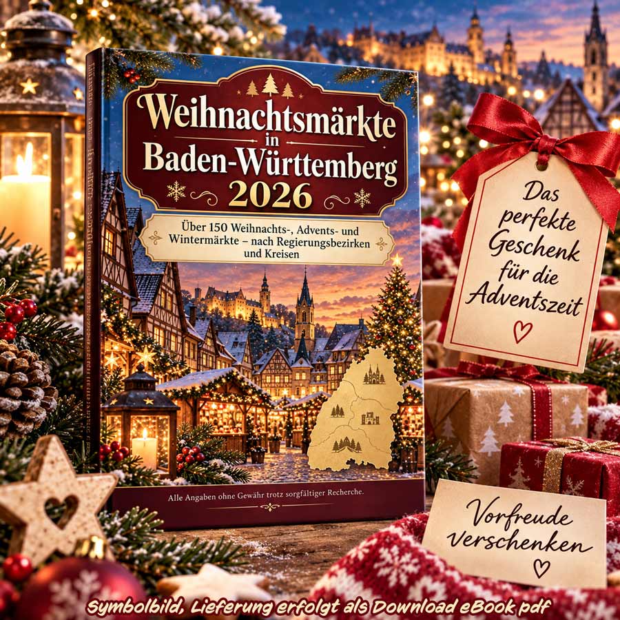 Weihnachtsmärkte in Baden-Württemberg 2026 ebook als Geschenkidee zur Adventszeit, umgeben von Weihnachtsdekoration, Geschenken und Lichtern.