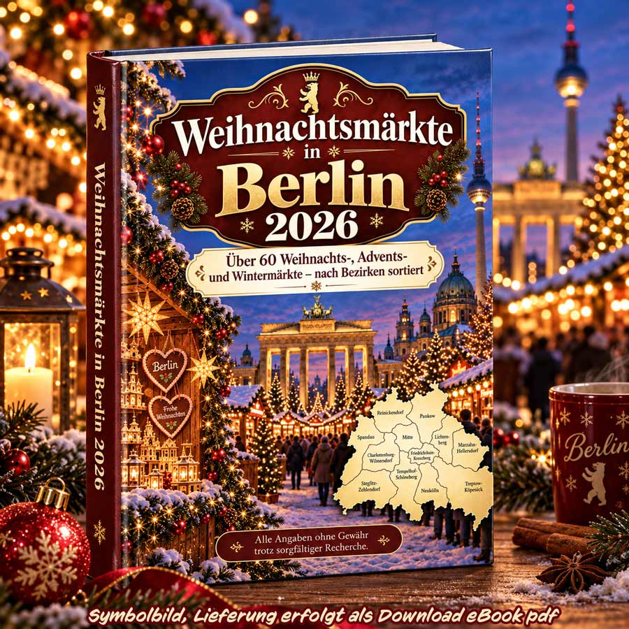 Weihnachtsmärkte in Berlin 2026 – Ebook mit über 60 Weihnachts-, Advents- und Wintermärkten, dargestellt als festliches Buch vor Berliner Weihnachtskulisse.