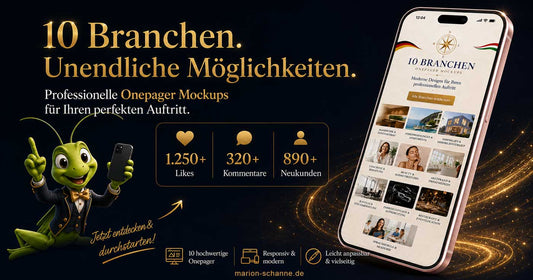 Mockup Werbebanner im Querformat mit Smartphone-Mockup, goldener Schrift, Maskottchen und 10 Branchen-Onepagern für professionelle Onlineauftritte in Deutschland und Ungarn.