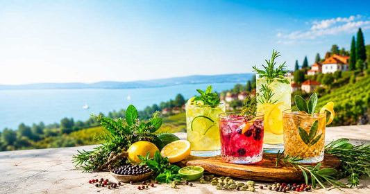 alkoholfreie Cocktails mit Rosmarin, Minze, Salbei, Zitrusfrüchten und Gewürzen vor sommerlicher Balaton-Kulisse.