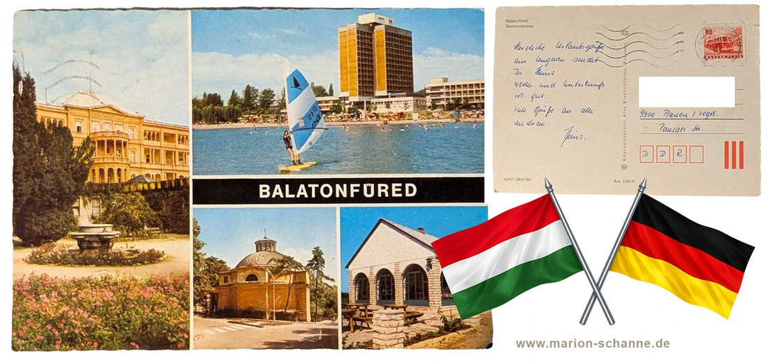 Alte Ansichtskarte aus Balatonfüred am Balaton in Ungarn von 1980 mit Vorder- und Rückseite, Versand nach Plauen und ungarischer sowie deutscher Flagge