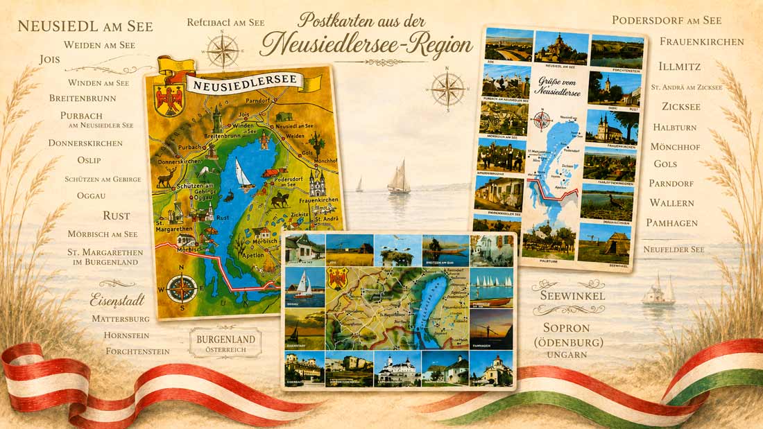 Titelbild zum Blogartikel mit drei alten Ansichtskarten vom Neusiedlersee und Ortsnamen wie Neusiedl am See, Podersdorf am See, Rust, Mörbisch am See, Frauenkirchen, Illmitz, Weiden am See, Jois, Winden am See und Purbach.