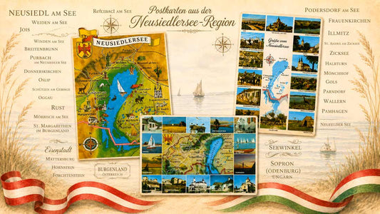 Titelbild zum Blogartikel mit drei alten Ansichtskarten vom Neusiedlersee und Ortsnamen wie Neusiedl am See, Podersdorf am See, Rust, Mörbisch am See, Frauenkirchen, Illmitz, Weiden am See, Jois, Winden am See und Purbach.