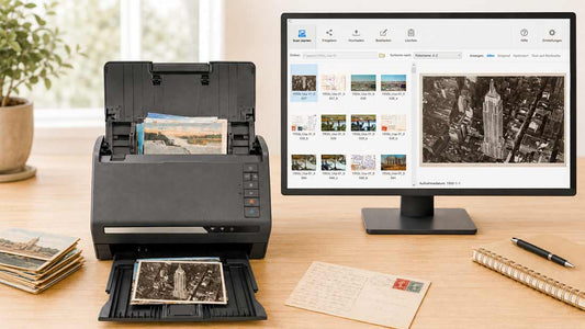 Alte Ansichtskarten werden für die beidseitige Digitalisierung an einem Fotoscanner vorbereitet