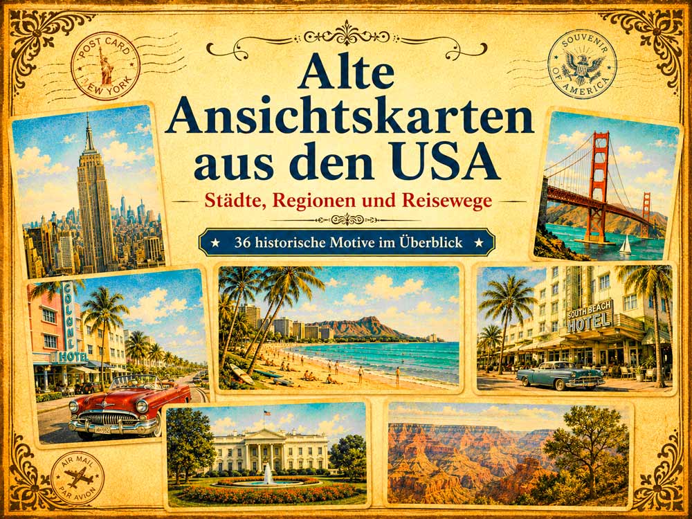 Titelbild mit alten Ansichtskarten aus den USA, darunter New York, Hawaii, Miami Beach und San Francisco