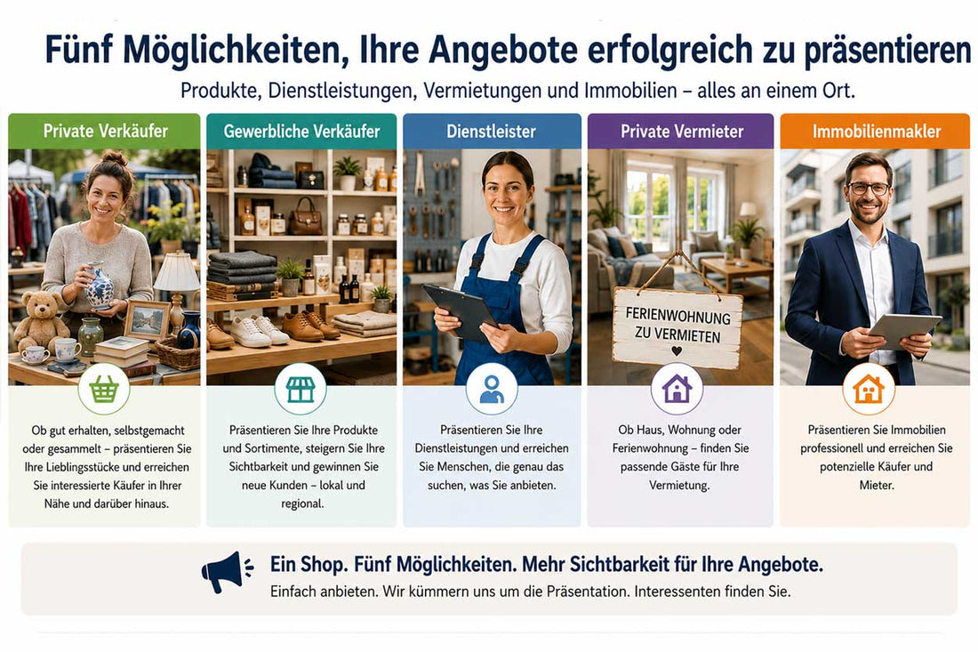 Private und gewerbliche Angebote, Dienstleister, private Vermieter, Immobilienmakler und gewerbliche Vermietungen im Shop präsentieren und direkt Interessenten erreichen