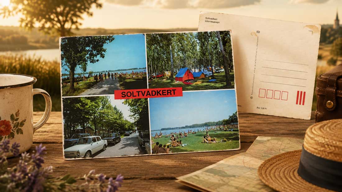 Auswandern nach Soltvadkert im Komitat Bács-Kiskun – alte Ansichtskarte mit Vadkerti-tó, Camping und ungarischem Auswanderer-Feeling