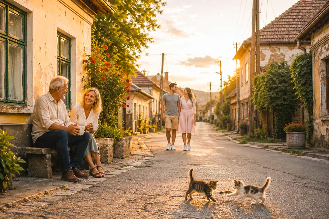Lebensfrohe Menschen und zwei spielende Katzen auf einer alten Dorfstraße in Ungarn als Symbol für Hoffnung, Neuanfang und das Leben nach der Auswanderung.