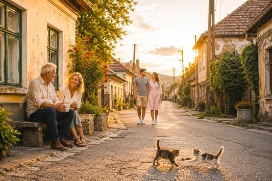 Lebensfrohe Menschen und zwei spielende Katzen auf einer alten Dorfstraße in Ungarn als Symbol für Hoffnung, Neuanfang und das Leben nach der Auswanderung.