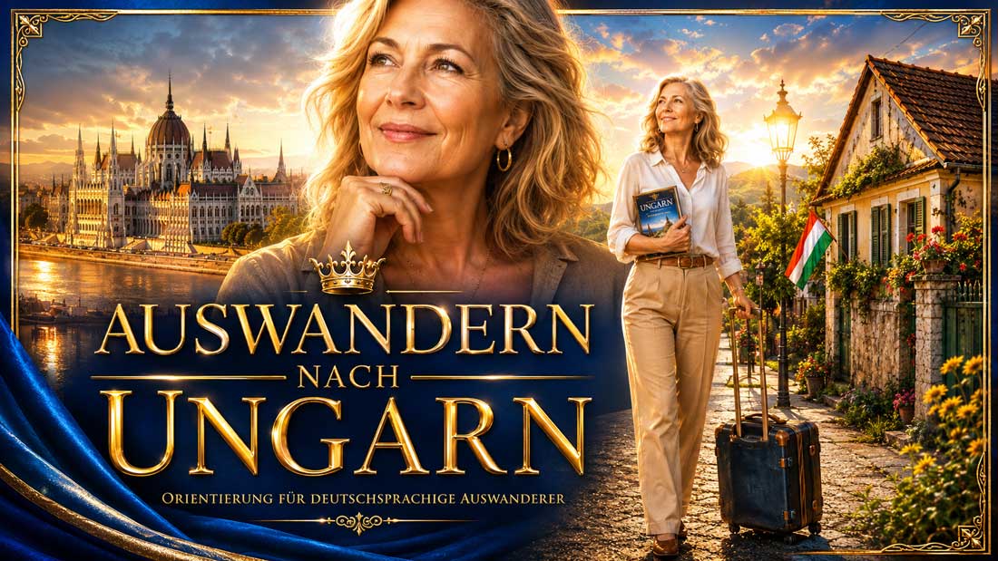 Auswandern nach Ungarn Buchcover mit Frau über 50, Koffer, ungarischem Dorfhaus, Budapest und goldener Schrift als edles Titelbild für einen Ratgeber