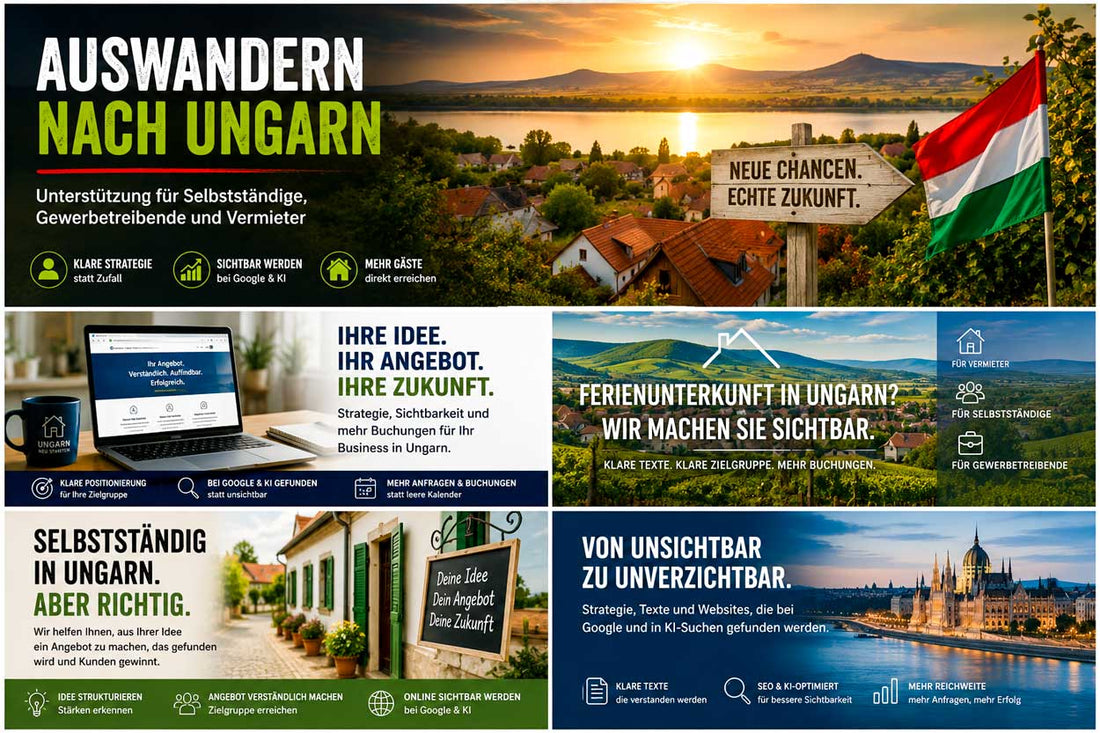Auswandern nach Ungarn mit Motiven aus Ungarn, Ferienhaus, Laptop und Business-Bezug für Selbstständige, Gewerbetreibende und Vermieter