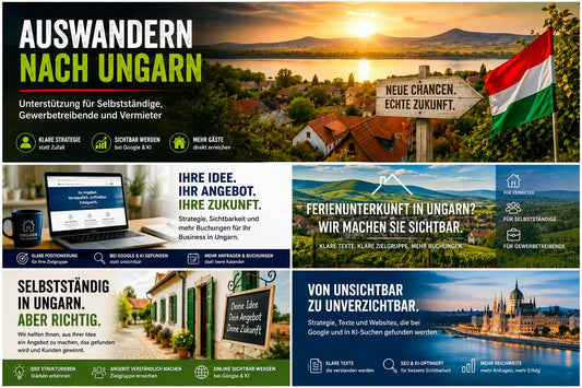 Auswandern nach Ungarn mit Motiven aus Ungarn, Ferienhaus, Laptop und Business-Bezug für Selbstständige, Gewerbetreibende und Vermieter