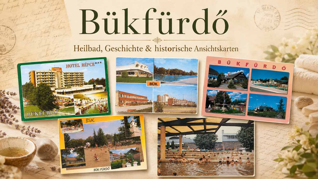 Historische Ansichtskarten aus Bük und Bükfürdő mit Hotel Répce, Thermalbad, Badegästen und früheren Ferienanlagen