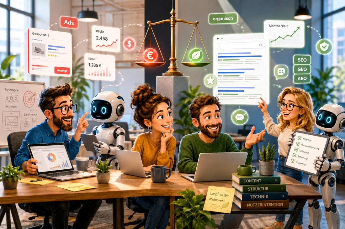 ChatGPT Ads, ChatGPT Werbung, SEO, GEO und AEO – Karikatur eines SEO-Teams mit Robotern zu bezahlter Werbung und organischer KI-Sichtbarkeit.