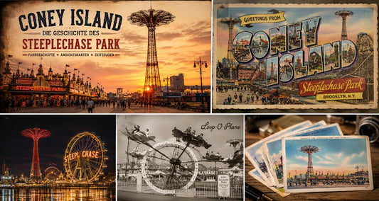 Varianten zu Coney Island und Steeplechase Park mit alten Ansichtskarten, Parachute Jump und Vergnügungspark-Motiven