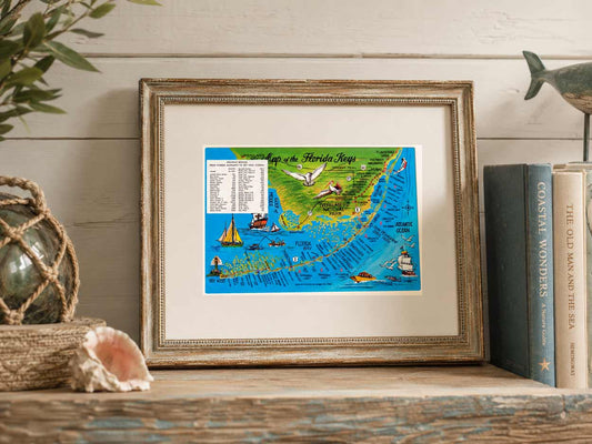 Historische Ansichtskarte der Florida Keys von Miami bis Key West in einem Bilderrahmen – Mockup mit erkennbarer Postkartengröße.