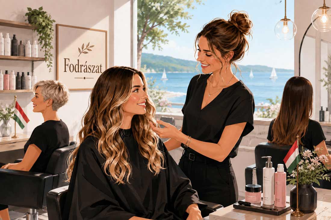 Moderner Friseursalon am Balaton in Ungarn mit Balayage, Haarpflege und Schild Fodrászat