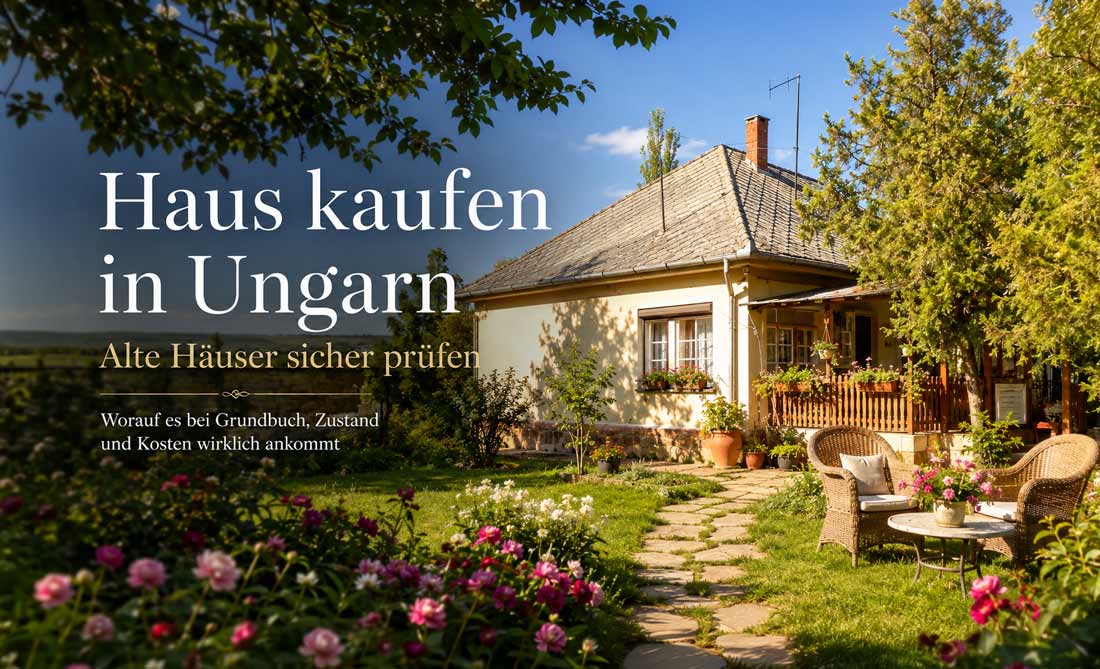 Titelbild zum Thema Haus kaufen in Ungarn: gepflegtes ungarisches Landhaus im Sommer mit blühendem Garten, Gartenmöbeln und dem Text „Haus kaufen in Ungarn – Alte Häuser sicher prüfen“.