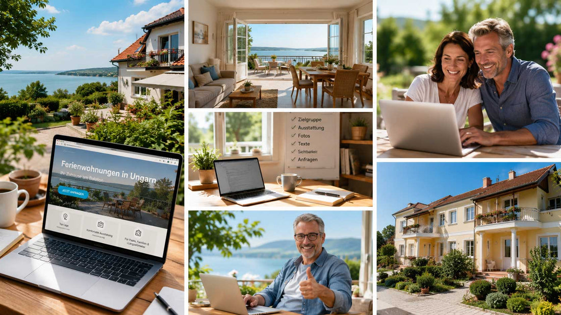 Collage zur privaten Vermietung in Ungarn mit Ferienhaus, Apartmenthaus, Laptop und Marketing-Planung