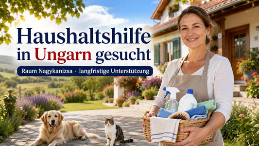 Haushaltshilfe in Ungarn gesucht – Frau mit Hund und Katze vor einem Haus im Raum Nagykanizsa.