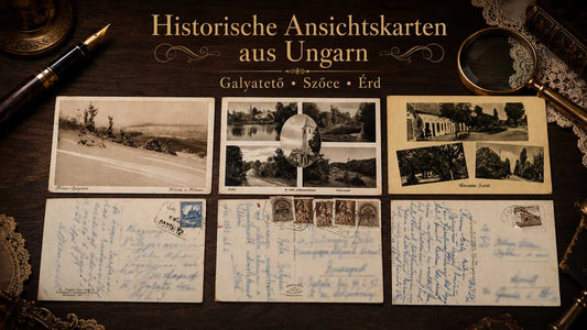 Drei historische Ansichtskarten aus Galyatető, Szőce und Érd mit Vorderseiten und anonymisierten Rückseiten