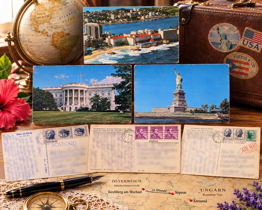 Alte, historische gelaufene Ansichtskarten aus New York, Washington und Puerto Rico mit Briefmarken, Poststempeln und Postweg nach Österreich und Ungarn.