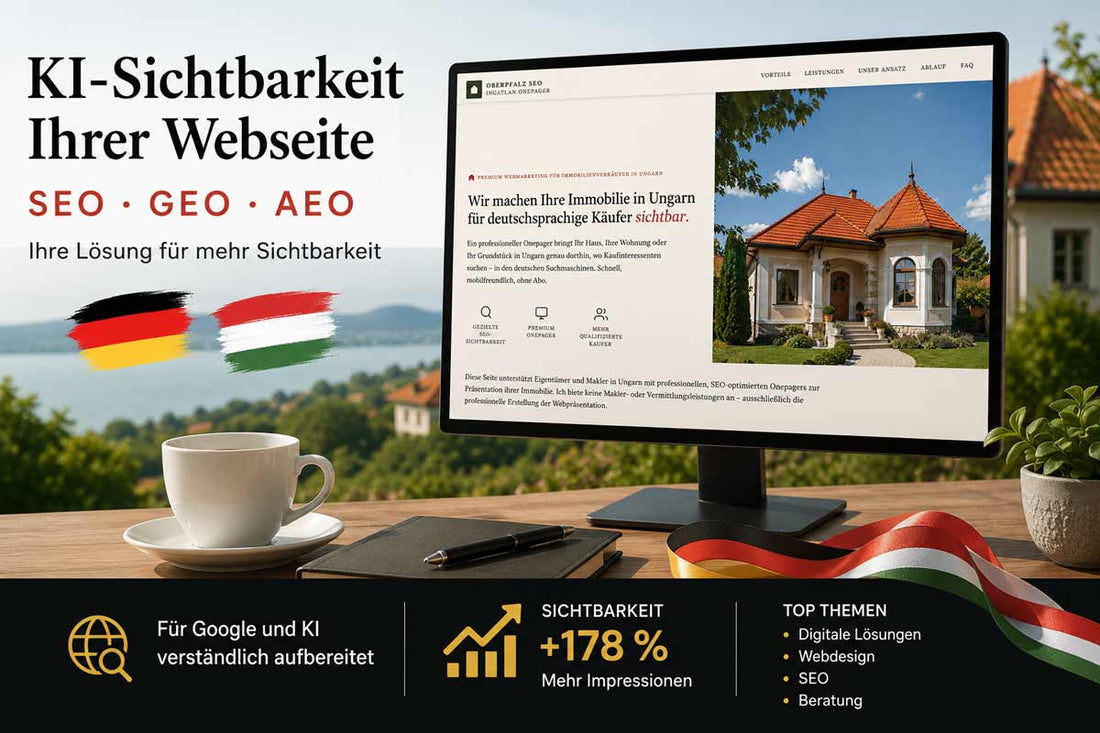 KI-Sichtbarkeit einer Webseite mit SEO, GEO und AEO, dargestellt auf einem Monitor mit Immobilien-Webseite sowie Deutschland- und Ungarnfarben.
