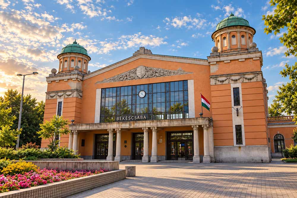 Bahnhof Békéscsaba im Komitat Békés in Ungarn mit ungarischer Fahne und historischer Fassade.
