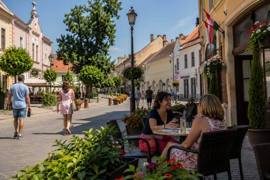 Straßencafé in einer ungarischen Kleinstadt als Titelbild für einen Artikel über das Komitat Veszprém, Auswandern, Leben und Haus kaufen in Ungarn