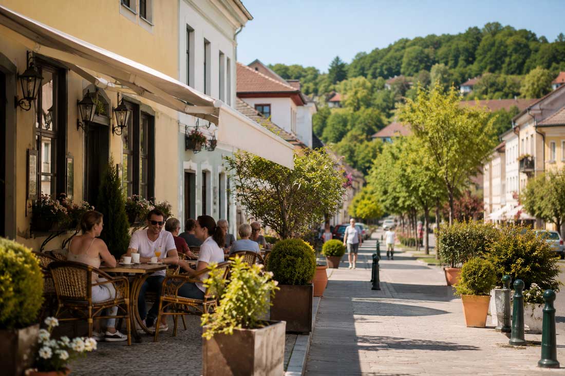 Sonniges Straßencafé in einer grünen ungarischen Kleinstadt als Titelbild zum Leben, Auswandern und Hauskauf im Komitat Zala.