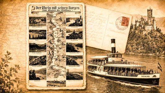 Ansichtskarte Der Rhein mit seinen Burgen von Mainz bis Koblenz als Blogbild mit großem Touristendampfer und Rheinburg im Vintage-Stil