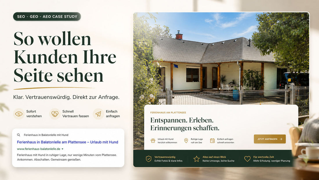 Professioneller Onepager für ein Ferienhaus in Balatonlelle mit klarem Aufbau, echtem Google-Suchergebnis und direkter Anfrage-Möglichkeit