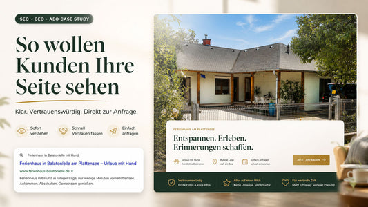 Professioneller Onepager für ein Ferienhaus in Balatonlelle mit klarem Aufbau, echtem Google-Suchergebnis und direkter Anfrage-Möglichkeit