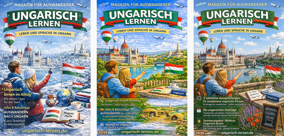 Magazincover Ungarisch Lernen mit Parlament Budapest, Donau, Heißluftballons und Lernmaterialien – Kultur und Sprache für Auswanderer in Ungarn.