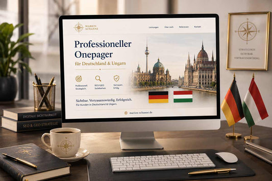 Premium Arbeitsplatz mit Monitor, Onepager-Ansicht, SEO/GEO-Hinweis und deutscher sowie ungarischer Flagge für Kunden in Deutschland und Ungarn