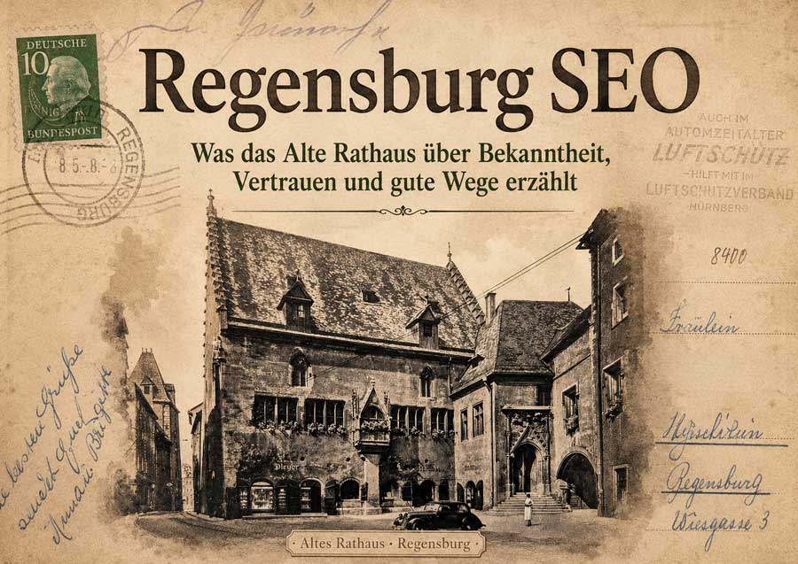 Historisches Altes Rathaus Regensburg im Ansichtskartenstil mit Titel Regensburg SEO